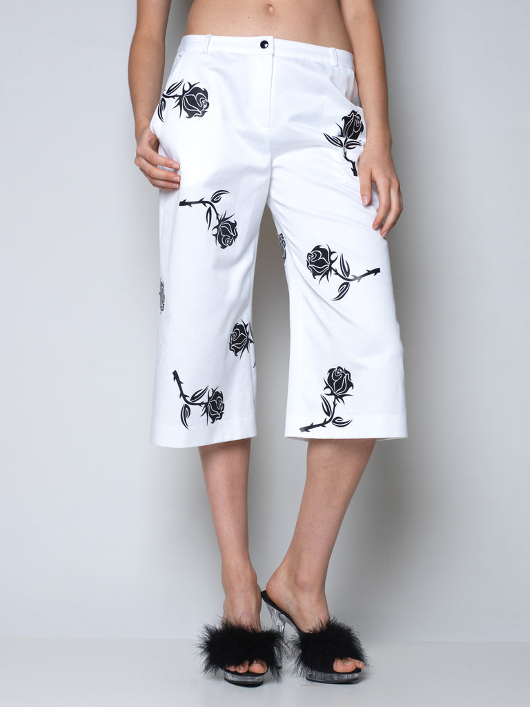white culottes with raining rose print