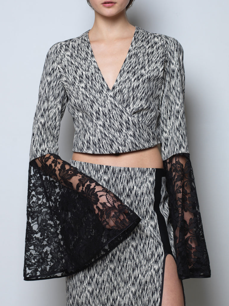 jacquard top with flared sleeves in french lace