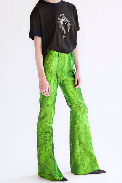 flared pants in acid green flower jacquard