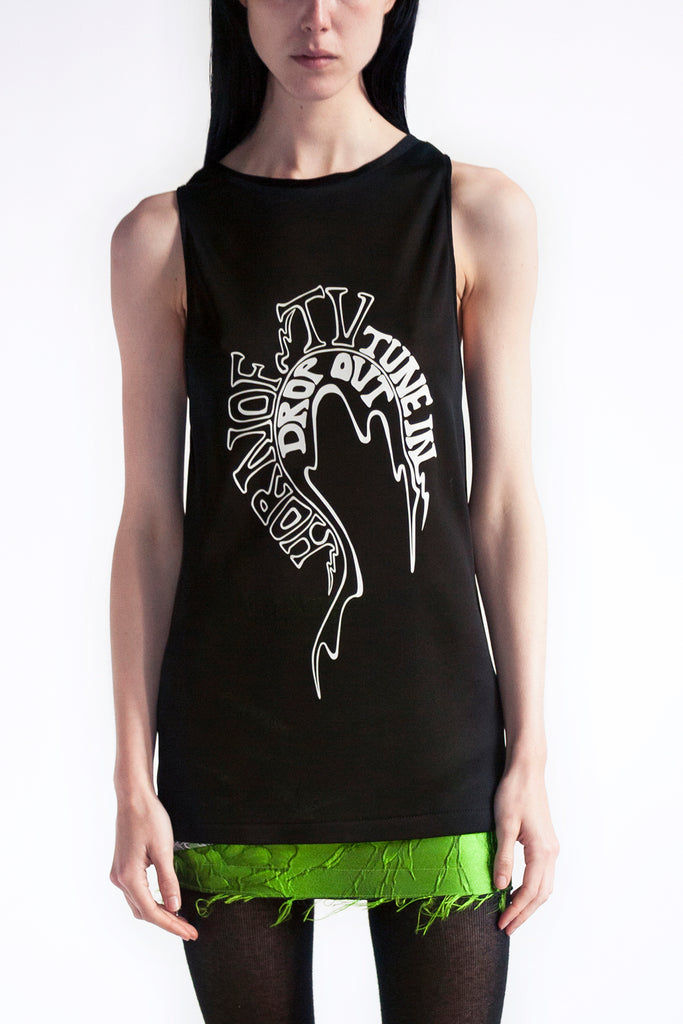 tank top with 'tune in drop out' print