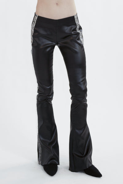 flared faux leather pants in liquid acetate