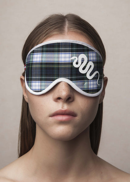 sleeping mask in plaid material with snake print