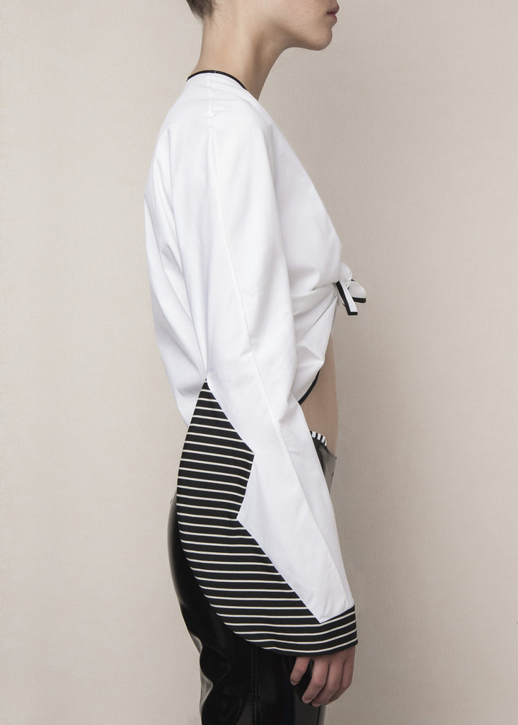 knot top in white poplin with constructed sleeves