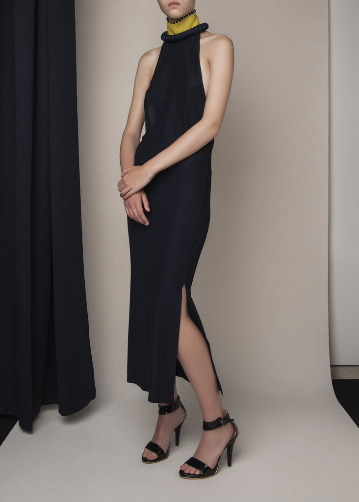 cocktail halterdress in navy viscose knit with constructed neckline